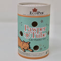 EcoPaw PawperTube Cat Puzzle Toy: A cylindrical paper tube featuring a light teal label with a cartoon orange tabby cat, product name in orange and white lettering, and holes cut out of the paper tube for treats to release from.
